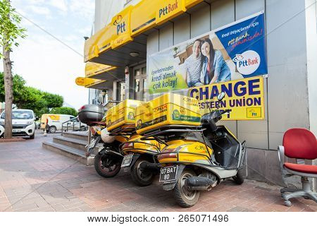 Alanya / Turkey - September 30, 2018: Motorbikes From Turkish Post Ptt Stands In Front Of The Ptt Of