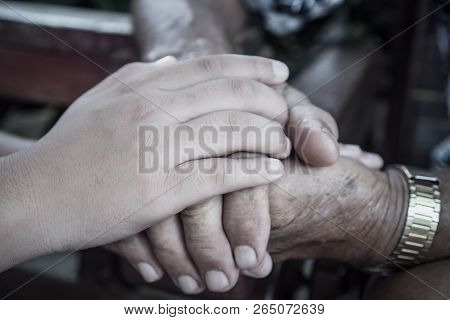 Hands Holding Together Takecare Of Asian Teenage Touching Elderly Or Grandfather Hands With Feeling 
