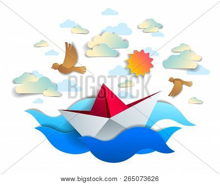 Paper Ship Swimming In Sea Waves, Origami Folded Toy Boat Floating In The Ocean With Beautiful Sceni