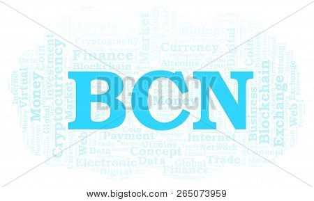 Bcn Or Bytecoin Cryptocurrency Coin Word Cloud. Word Cloud Made With Text Only.