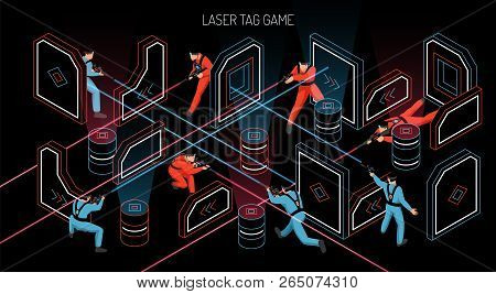 Laser Tag Indoor Outdoor Team Game Horizontal Isometric Composition With Players Firing Infrared Sen