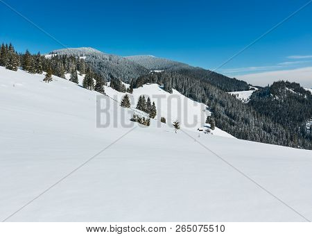 Picturesque Snowy Winter Skupova Mountain Slope And Lone Farmhouse On Plateau Farmstead, Carpathian,