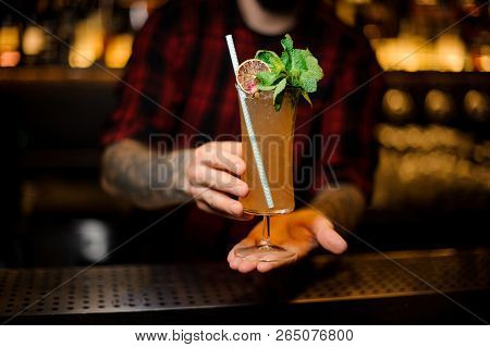 Barman Holding A Glass Of Tasty Sherry Cobbler Drink Decorated With Mint Leaves And Orange Slice On 