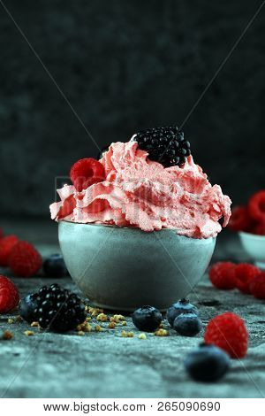 Healthy Homemade Raw Vegan Banana And Berry Ice Cream (icecream, Nicecream) Topped With Organic Blac