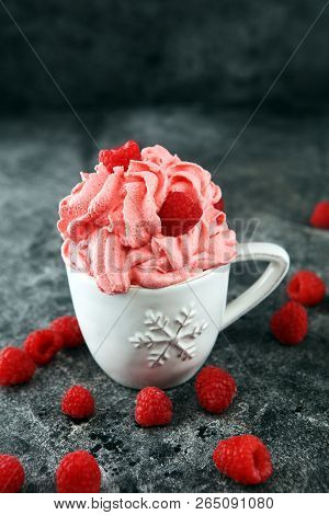 Healthy Homemade Raw Vegan Banana And Berry Ice Cream (icecream, Nicecream) Topped With Organic Rasp