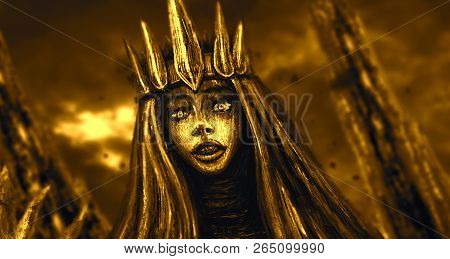 Dark Queen With Crown. Orange Background. Fantasy Illustration.