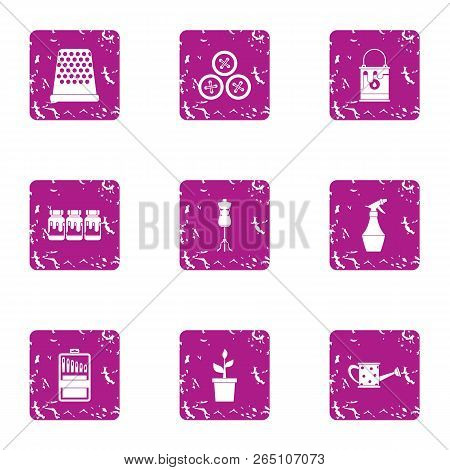 Water The Garden Icons Set. Grunge Set Of 9 Water The Garden Icons For Web Isolated On White Backgro