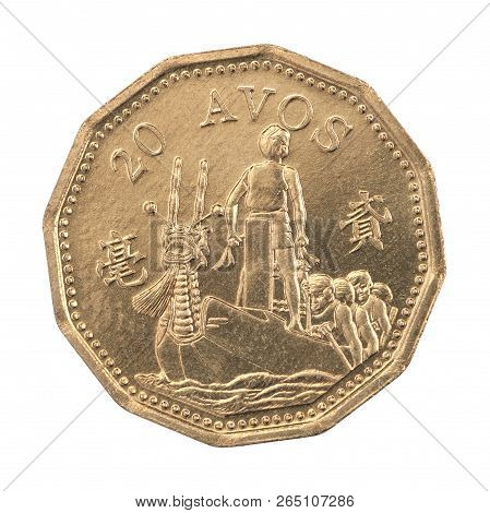 Coin Macao 20 Avos With The Image Of A Boat With A Rower Isolated On A White Background