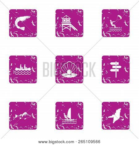 Onshore Fish Icons Set. Grunge Set Of 9 Onshore Fish Icons For Web Isolated On White Background