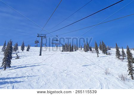 Ropeway On Peak At Mount Zelenaya In Ski Resort Sheregesh. Siberia, Russia.