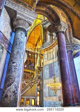 Istanbul, Turkey - July 10, 2018. View Of The South Gallery Of The Hagia Sophia Mosque With The Minb