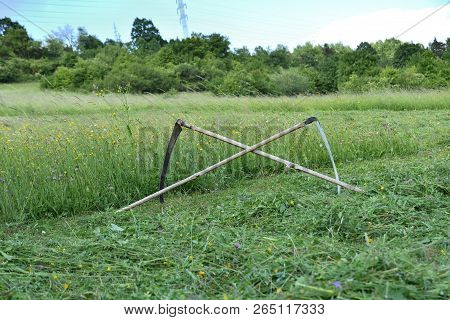 Tradition Scythe For Mowing The Green Grass On Meadow