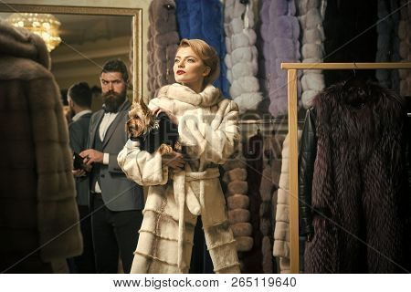Woman In Fur Coat With Man, Shopping, Seller And Customer. Fashion And Beauty, Winter. Date, Couple,