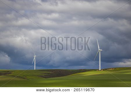 Dramatic Thunderstorm Over Wind Turbines In Green Fields - Caledon, Western Cape, South Africa.