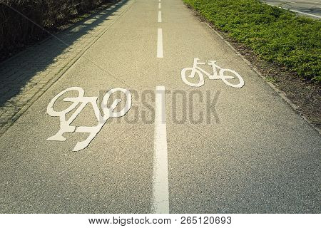Bike Lane Asphalt Road With Marking Destined For Bicycle Transportation.