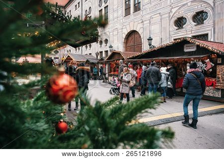 Munich, Bavaria, Germany - December 6, 2017: Christmas Tree Or Fir Branches On Christmas Market In G