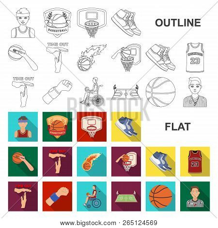 Basketball And Attributes Flat Icons In Set Collection For Design.basketball Player And Equipment Ve