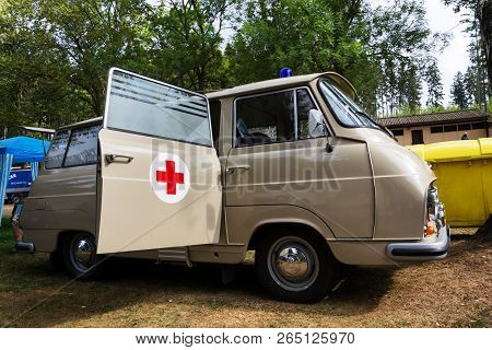 Dolni Kalna, Czech Republic - August 25 2018: Vintage Car Skoda 1203 Ambulance Oldsmobile Veteran St