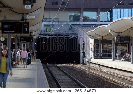Platform and train view on Oslo central station. Oslo Central Station (Sentralstasjon) is main railway station in Oslo. June 17. 2018. Oslo,Norway