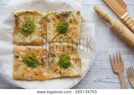 Turkish Dessert Katmer With Rolling Pin.
