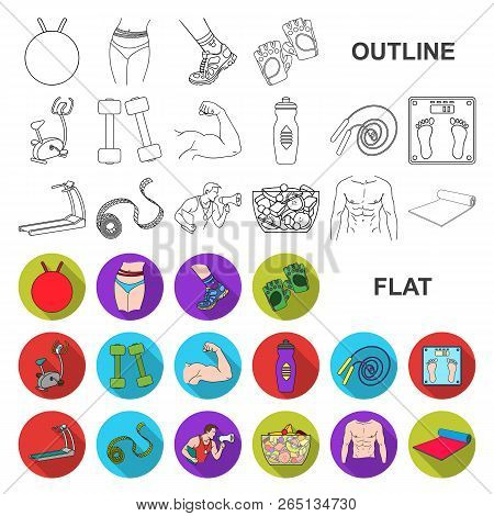 Fitness And Attributes Flat Icons In Set Collection For Design. Fitness Equipment Vector Symbol Stoc
