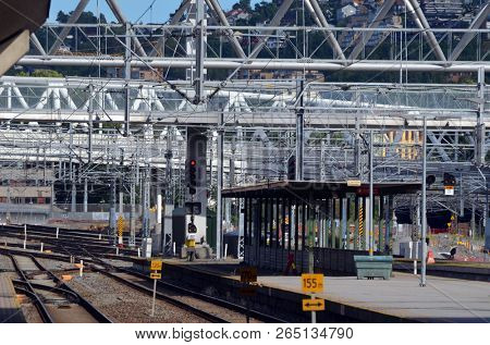 Platform and train view on Oslo central station. Oslo Central Station (Sentralstasjon) is main railway station in Oslo. June 17. 2018. Oslo,Norway