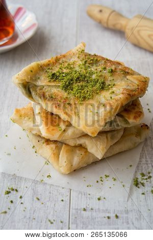 Turkish Dessert Katmer With Pistachio Powder And Tea