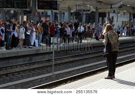 Platform and train view on Oslo central station. Oslo Central Station (Sentralstasjon) is main railway station in Oslo. June 17. 2018. Oslo,Norway