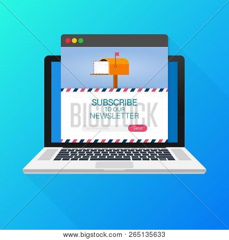 Email Subscribe, Online Newsletter Vector Template With Mailbox And Submit Button On Laptop Screen. 