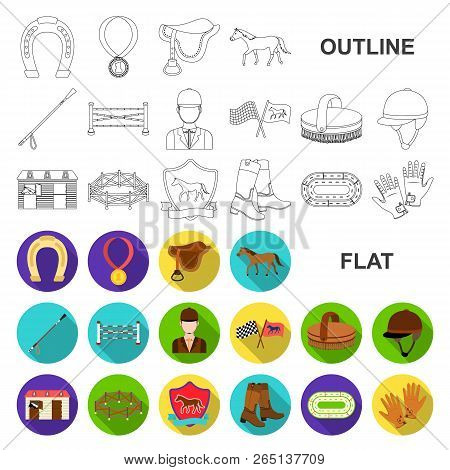 Hippodrome And Horse Flat Icons In Set Collection For Design. Horse Racing And Equipment Vector Symb