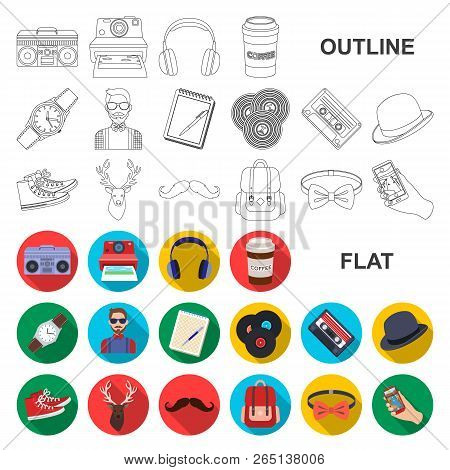 Style Hipster Flat Icons In Set Collection For Design. Hipster Attributes And Accessories Vector Sym