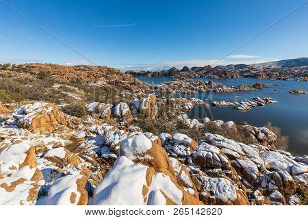 A Scenic Snow Covered Landscape At Watson Lake Prescott Arizona