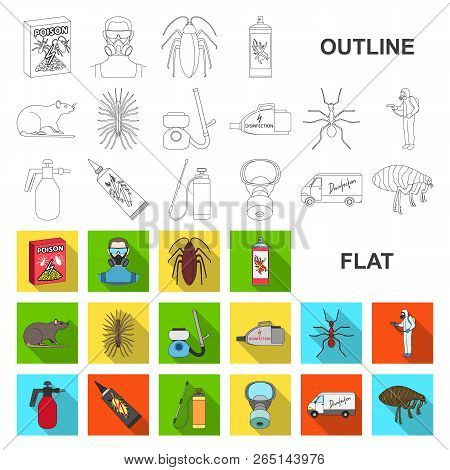 Pest, Poison, Personnel And Equipment Flat Icons In Set Collection For Design. Pest Control Service 