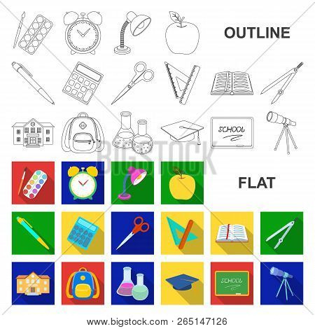 School And Education Flat Icons In Set Collection For Design.college, Equipment And Accessories Vect