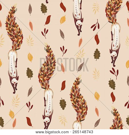 Seamless Pattern. Fox With The Tail Of Fallen Autumn Leaves. Leaf Fall. On A Light Beige Background.