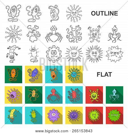 Types Of Funny Microbes Flat Icons In Set Collection For Design. Microbes Pathogenic Vector Symbol S