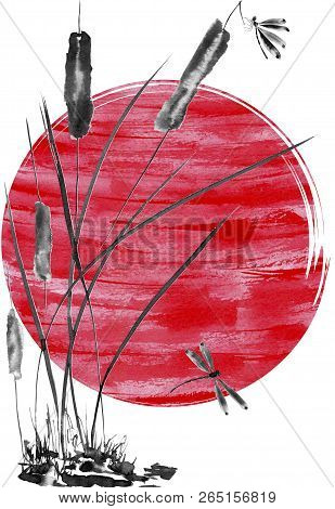 Dragonfly And Bulrush, Red Sun. Watercolor And Ink Illustration In Style Sumi-e, U-sin, Go-hua. Orie