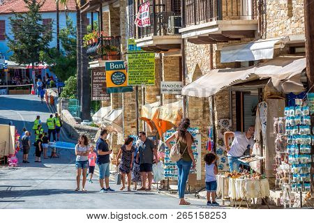 Pano Lefkara, Cyprus - June 17, 2018: Scenic Street View With Many Tourists In Lefkara Village.