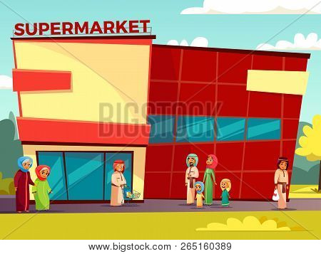 Cartoon Arab Characters Near Supermarket Concept. Happy Saudi, Emirates Muslim Family, Senior Man, K