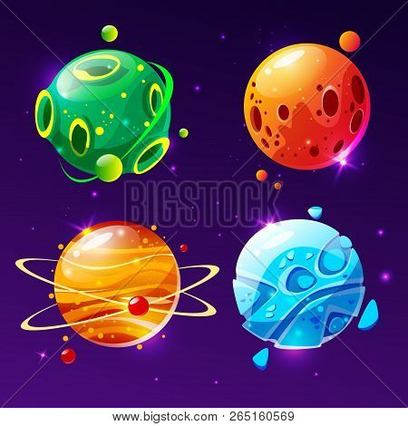 Cartoon Fantastic Planet, Worlds Asteroid Set. Cosmic, Alien Space Element For Game Design. Illustra
