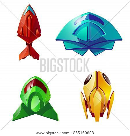 Space Shuttles Illustration. Cartoon Isolated Set Of Astronaut Futuristic And Fantastic Spaceship Ro