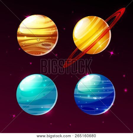 Planets Of Galaxy Illustration Icons Of Cartoon Mars, Mercury Or Venus And Saturn Rings Or Jupiter F