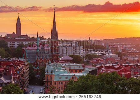 Scenic Aerial View Of The Old Town With Oscar Fredrik Church In The Gorgeous Sunset, Gothenburg, Swe