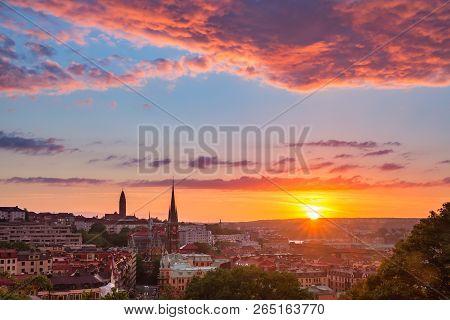 Scenic Aerial View Of The Old Town With Oscar Fredrik Church In The Gorgeous Sunset, Gothenburg, Swe
