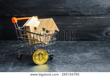 Supermarket Cart With Houses And Bitcoin. Bitcoin Legalization And Cryptocurrency Based On Blockchai