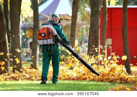 Working In The Park Removes Autumn Leaves With A Blower