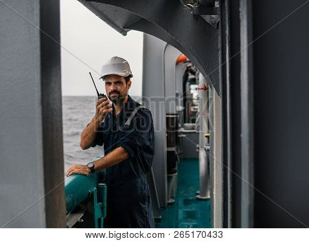 Marine Deck Officer Or Chief Mate On Deck Of Vessel Or Ship