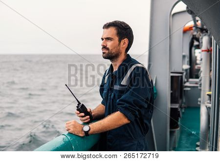 Marine Deck Officer Or Chief Mate On Deck Of Vessel Or Ship