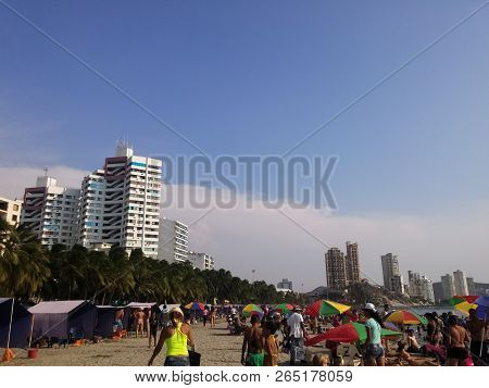 Santa Marta, Magdalena, Colombia - 04/04/2015: Popular Beach Of El Rodadero, In Santa Marta, Colombi