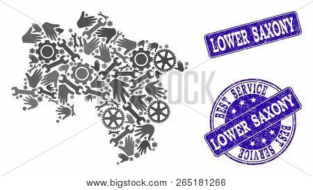 Best Service Combination Of Mosaic Map Of Lower Saxony State And Blue Rubber Seal Stamps. Mosaic Map